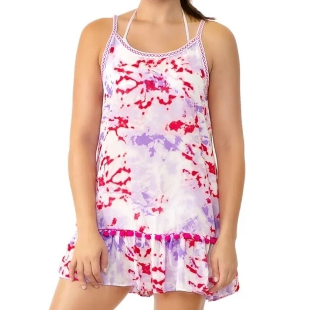Miken PURPLE TIE-DYE Printed Tiered Pom-Pom Cover-Up Swim